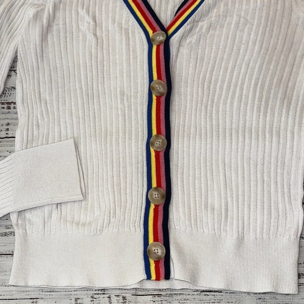 LOFT White Ribbed Cardigan with Colorful Trim Lightweight Sz. M - Picture 4 of 6